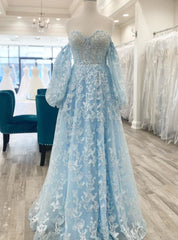 Blue Tulle Butterfly Long Sleeve Prom Dresses