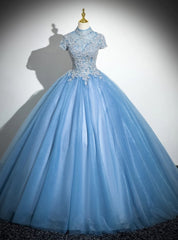 Blue Tulle Cap Sleeve Appliques Quinceanera Dresses