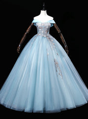 Blue Tulle Embroidery Sequins Off the Shoulder Quinceanera Dresses