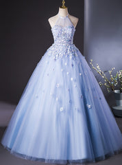 Blue Tulle Halter Flower Quinceanera Dresses