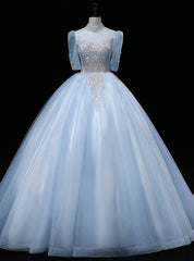 Blue Tulle High Neck Short Sleeve Beading Quinceanera Dresses