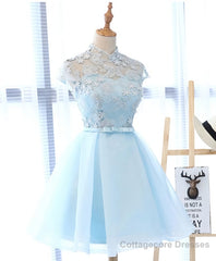 Blue tulle lace short prom dress, blue tulle lace homecoming dress