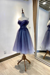 Blue Tulle Lace Short Prom Dresses, Off the Shoulder Evening Party Dresses