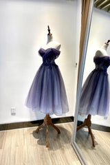 Blue Tulle Lace Short Prom Dresses, Off the Shoulder Evening Party Dresses