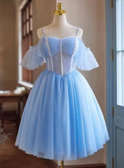 Blue Tulle Lace Spaghetti Straps Pleats Homecoming Dresses