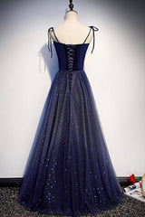 Blue Tulle Long A-Line Prom Dress, Blue Spaghetti Strap Evening Party Dress