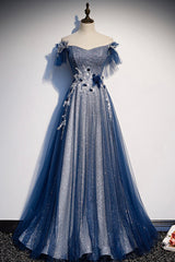 Blue Tulle Long A-Line Prom Dress, Off the Shoulder Evening Party Dress