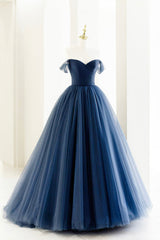 Blue Tulle Long A-Line Prom Dresses, Off the Shoulder Formal Evening Dresses