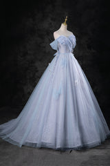 Blue Tulle Long A-Line Prom Dress Party Dress, Beautiful Off the Shoulder Blue Evening Dress