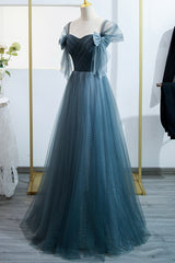 Blue Tulle Long A-Line Prom Dress, Simple Sweetheart Neckline Evening Party Dress