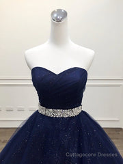 Blue Tulle Long Evening Gown Party Dress, Navy Blue Sweet 16 Gown