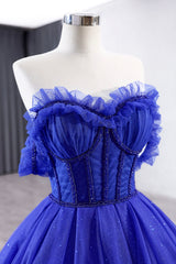 Blue Tulle Long Prom Dresses, Off the Shoulder Formal Evening Party Dresses