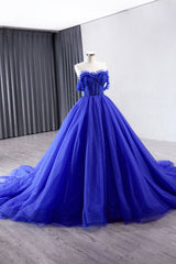 Blue Tulle Long Prom Dresses, Off the Shoulder Formal Evening Party Dresses