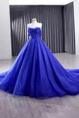 Blue Tulle Long Prom Dresses, Off the Shoulder Formal Evening Party Dresses