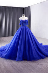 Blue Tulle Long Prom Dresses, Off the Shoulder Formal Evening Party Dresses