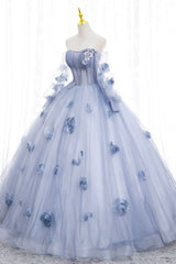 Blue Tulle Long Sleeves Formal Dress with Flowers, Blue A-Line Prom Dress