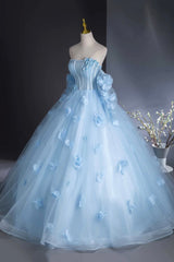 Blue Tulle Long Sleeves Formal Dress with Flowers, Blue A-Line Prom Party Dress