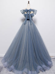 Blue Tulle Off Shoulder Sequin Long Prom Dress Blue Evening Dress