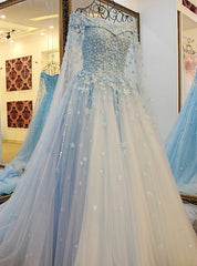 Blue Tulle Off The Shoulder Appliques Beading Wedding Dresses