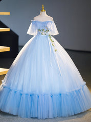 Blue Tulle Off the Shoulder Appliques Quinceanera Dresses