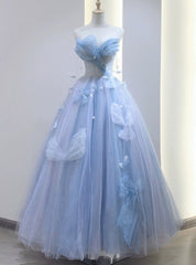 Blue Tulle Off the Shoulder Butterfly Prom Dresses