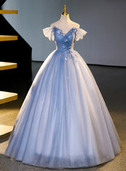 Blue Tulle Off the Shoulder Pleats Appliques Quinceanera Dresses