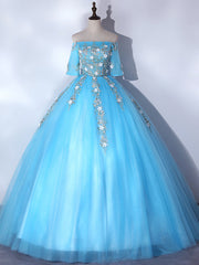 Blue Tulle Off the Shoulder Short Sleeve Appliques Quinceanera Dresses