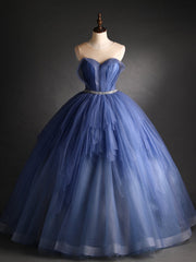 Blue Tulle Pleats Backless Beading Quinceanera Dresses