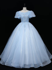 Blue Tulle Puff Sleeve Sequins Quinceanera Dresses