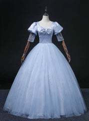 Blue Tulle Satin Square Puff Sleeve Pearl Quinceanera Dresses