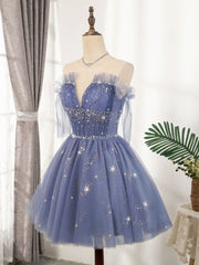 Blue Tulle Sequin Short Prom Dress, Puffy Blue Homecoming Dress