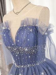 Blue Tulle Sequin Short Prom Dress, Puffy Blue Homecoming Dress