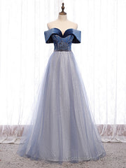 Blue Tulle Sequins Beading Off the Shoulder Prom Dress