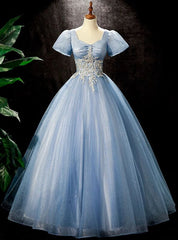 Blue Tulle Sequins Beading Puff Sleeve Quinceanera Dresses