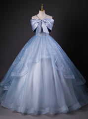 Blue Tulle Sequins Bow Quinceanera Dresses