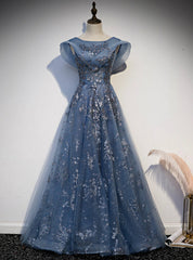 Blue Tulle Sequins Cap Sleeve Scoop Prom Dresses