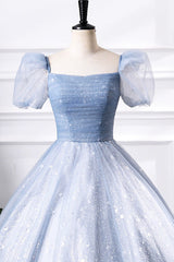 Blue Tulle Sequins Floor Length Prom Dresses, Elegant Short Sleeve Evening Party Dresses