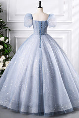 Blue Tulle Sequins Floor Length Prom Dresses, Elegant Short Sleeve Evening Party Dresses