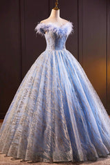 Blue Tulle Sequins Long A-Line Prom Dress with Feather, Off the Shoulder Evening Party Dress