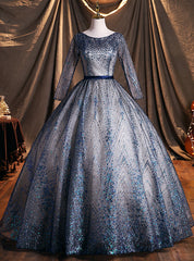 Blue Tulle Sequins Long Sleeve Quinceanera Dresses