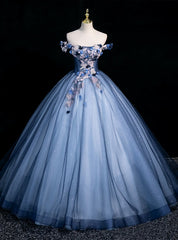 Blue Tulle Sequins Off the Shoulder Appliques Ball Gown Quinceanera Dresses