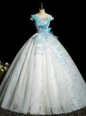 Blue Tulle Sequins Off the Shoulder Appliques Quinceanera Dresses