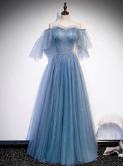 Blue Tulle Sequins Off the Shoulder Beading Pleats Prom Dresses