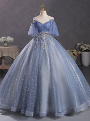 Blue Tulle Sequins Off the Shoulder Beading Quinceanera Dresses