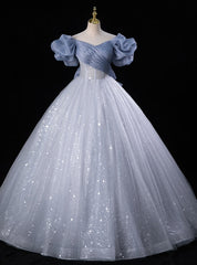 Blue Tulle Sequins Off the Shoulder Bow Quinceanera Dresses