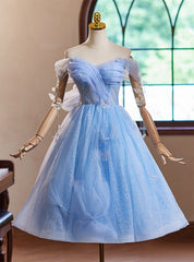 Blue Tulle Sequins Off the Shoulder Butterfly Homecoming Dresses