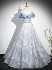 Blue Tulle Sequins Off the Shoulder Pearls Prom Dresses