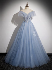 Blue Tulle Sequins Off the Shoulder Pearls Prom Dresses