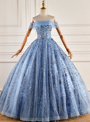 Blue Tulle Sequins Off the Shoulder Pearls Quinceanera Dresses