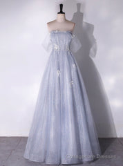 Blue tUlle Sequins Off the Shoulder Prom Dress